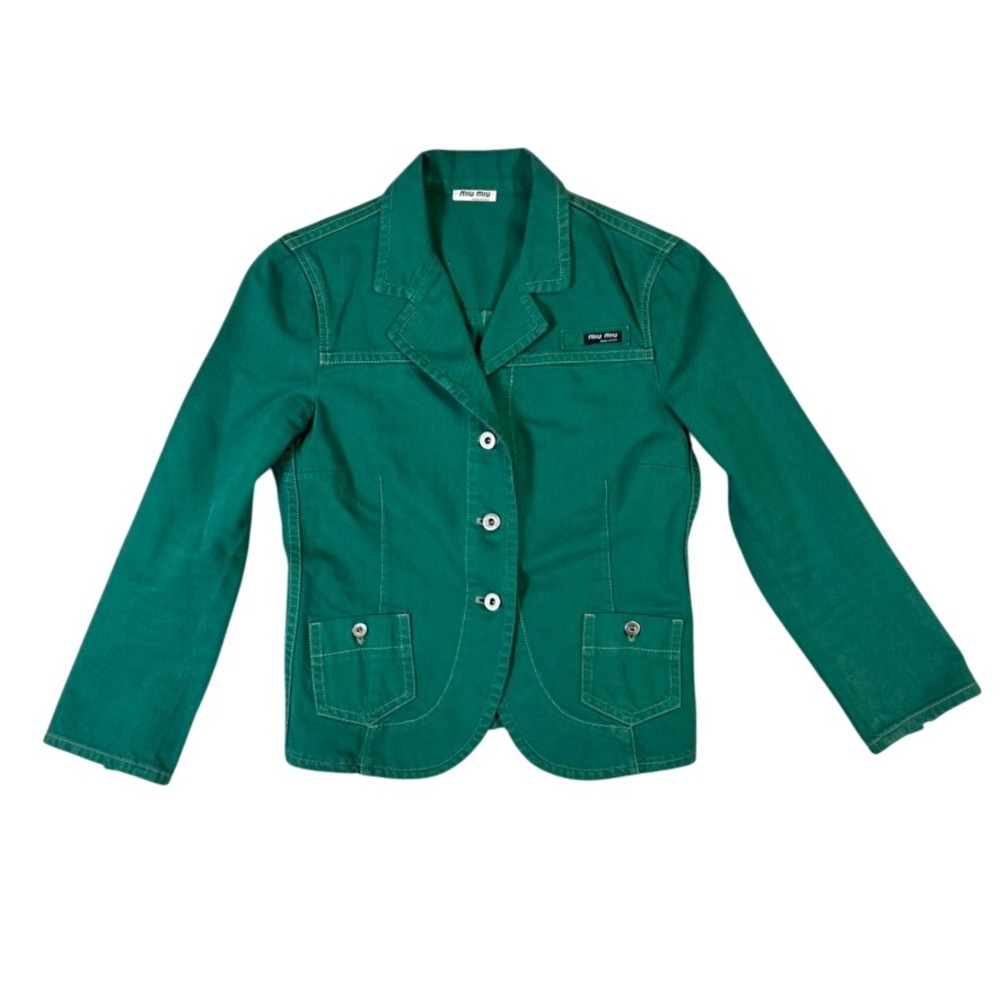 Miu Miu Vintage Green Cotton Denim Jacket Made in Italy Logo Patch Blazer Style